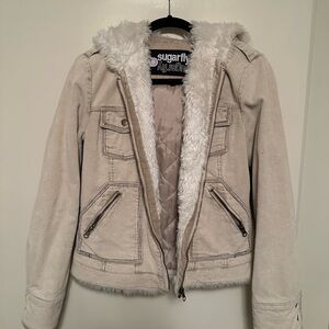 Sugarfly Corduroy Women's Tan Utility Jacket with Faux Fur Hoodie